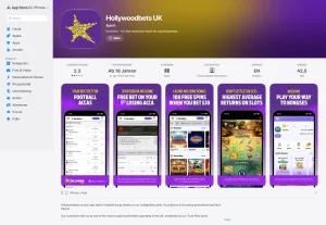 App-Store-Eintrag der Hollywoodbets Sportwetten-App mit Beschreibung und Bedienoberfläche