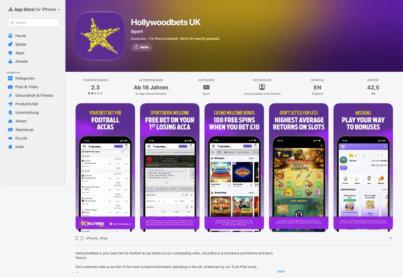 App-Store-Eintrag der Hollywoodbets Sportwetten-App mit Beschreibung und Bedienoberfläche